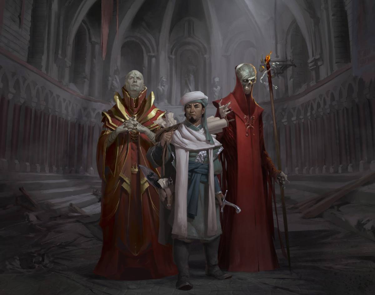 Two Red Wizards and an adventurer stand in a desolate temple