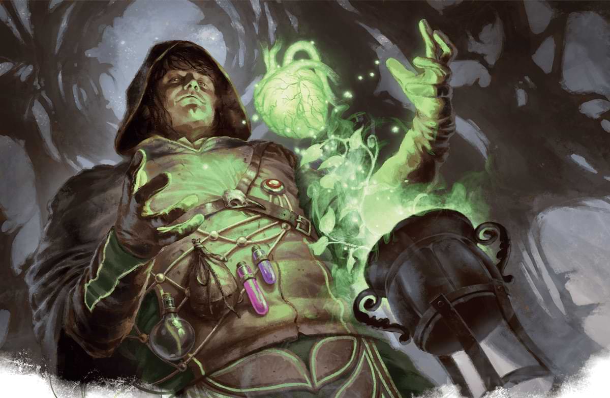A mage channels the powers of life and death into a green, glowing heart