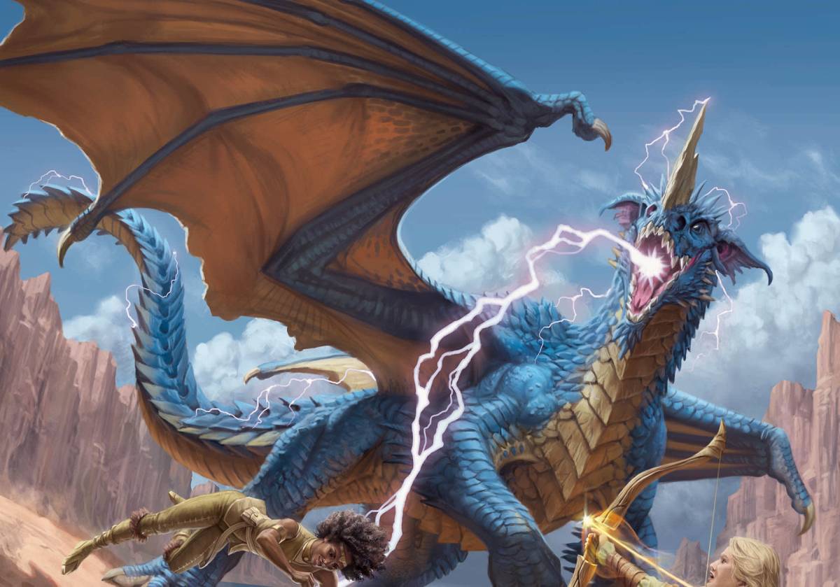 A blue dragon breathing their lightning breath at an adventurer