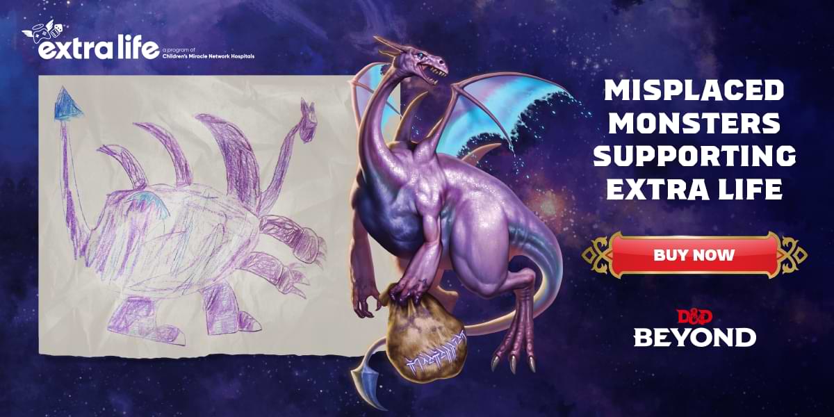 An image depicting the blueberry dragon with text reading, "Misplaced monsters supporting Extra Life. Buy now."