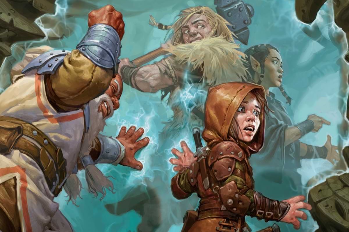 A party of surprised adventurers are split up by a force field.