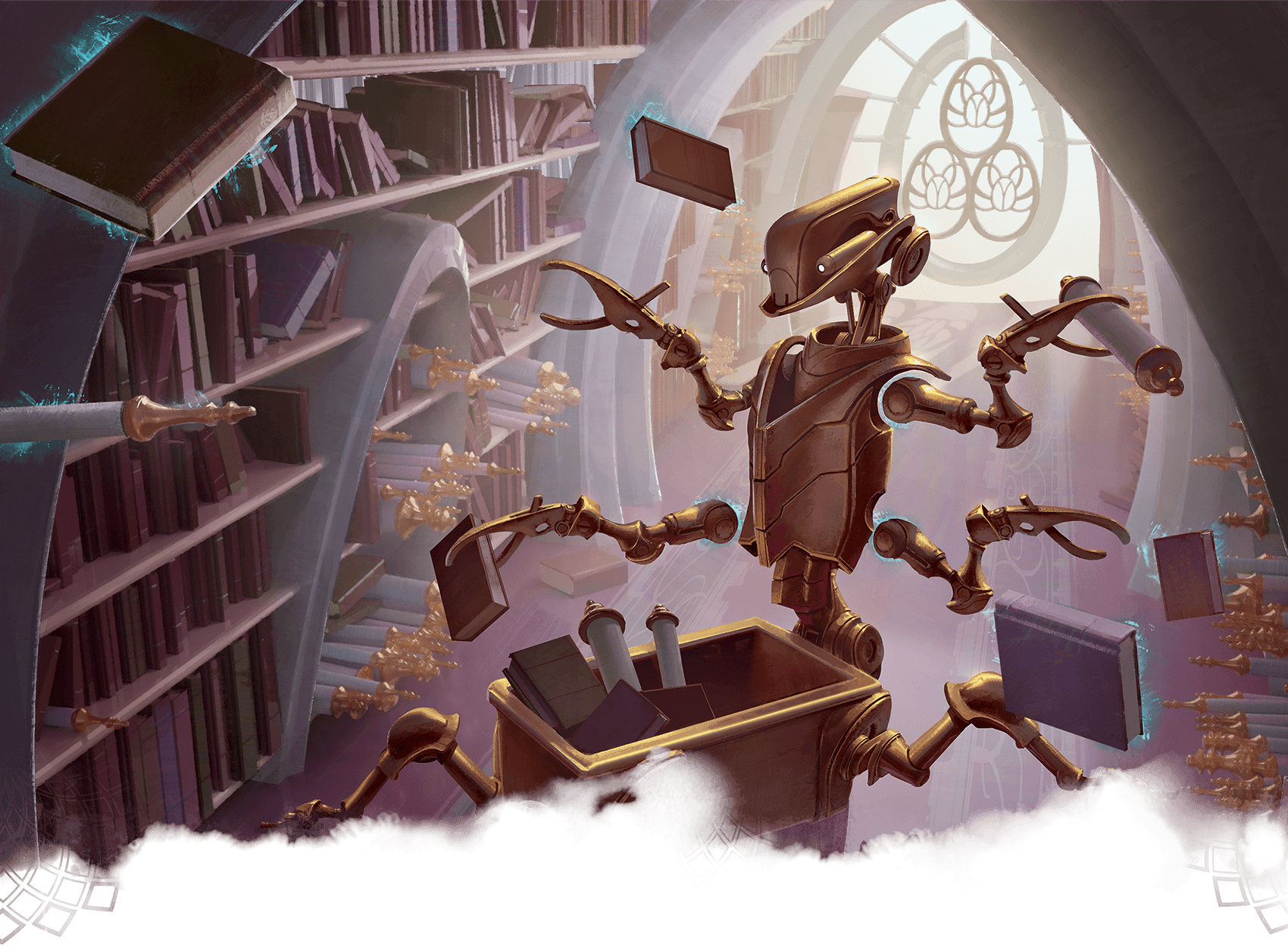 A mechanized library assistant with four arms pulls books and scrolls from bookshelves