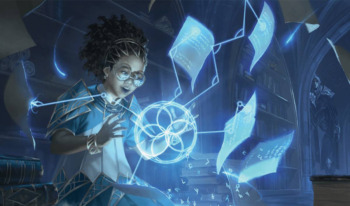 A mage using pages from a book as spell components for divination magic
