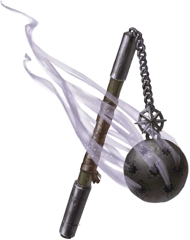 An iron mace with incense smoke wafting from symbols on the ball