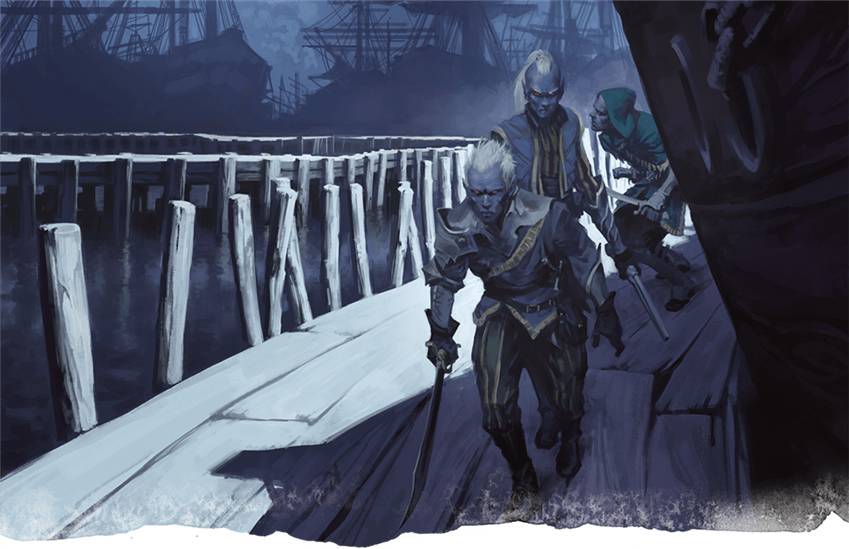 A group of drow sneak up on an unsuspecting crew