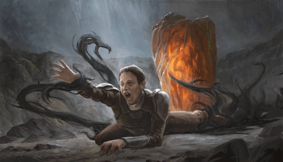 An adventurer getting pulled into a cursed object by black tentacles