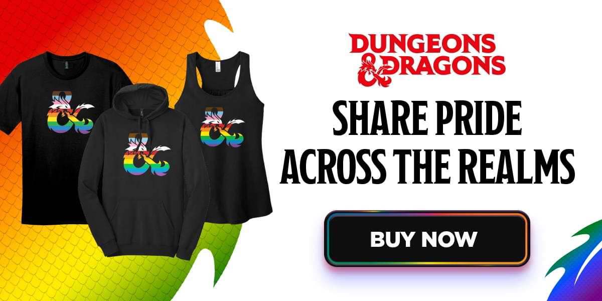 Image shows Pride-themed attire with text that reads, "Dungeons & Dragons. Share pride across the realms." A button reads, "Buy now."