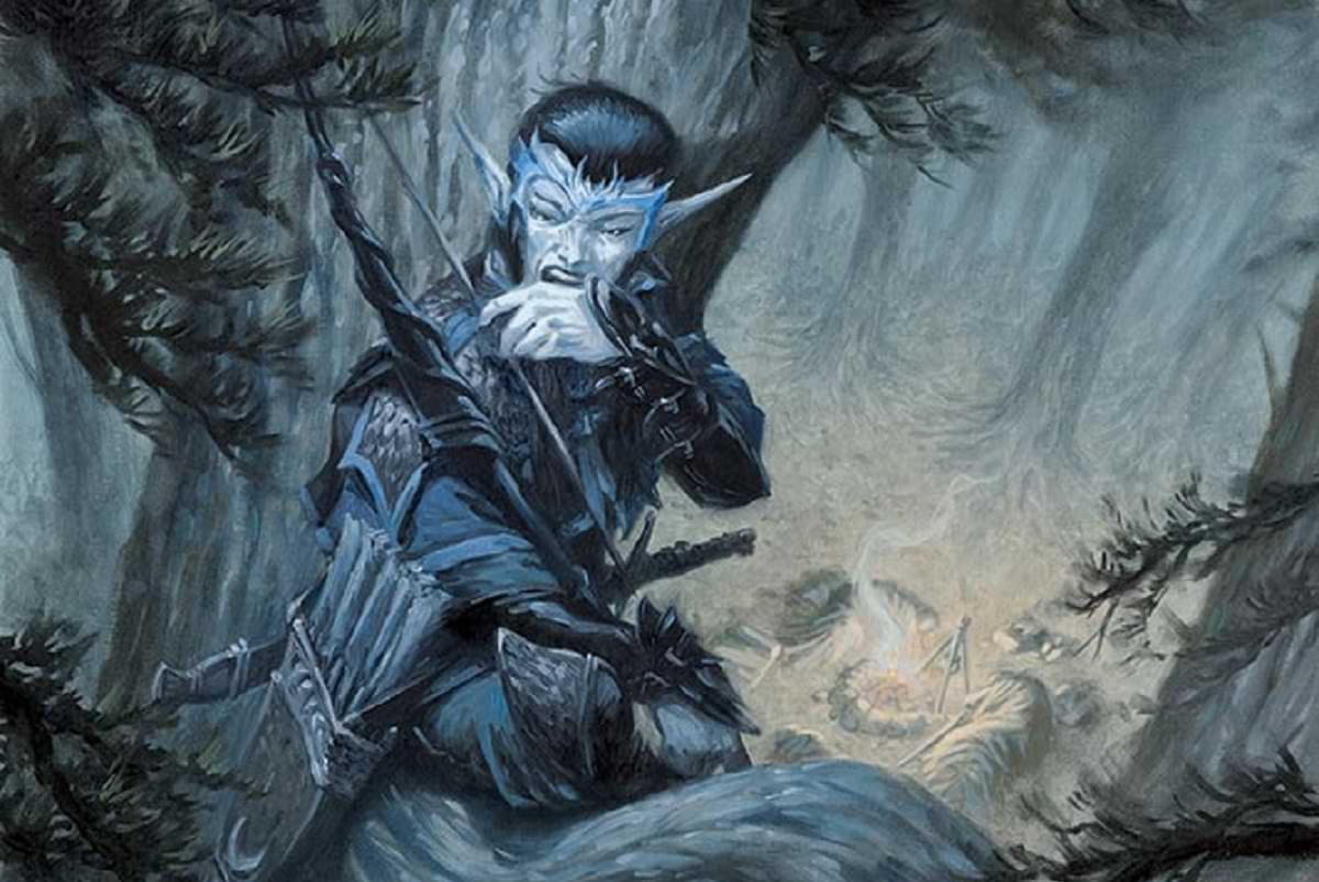 An elven ranger in dark armor sits hidden in a tree