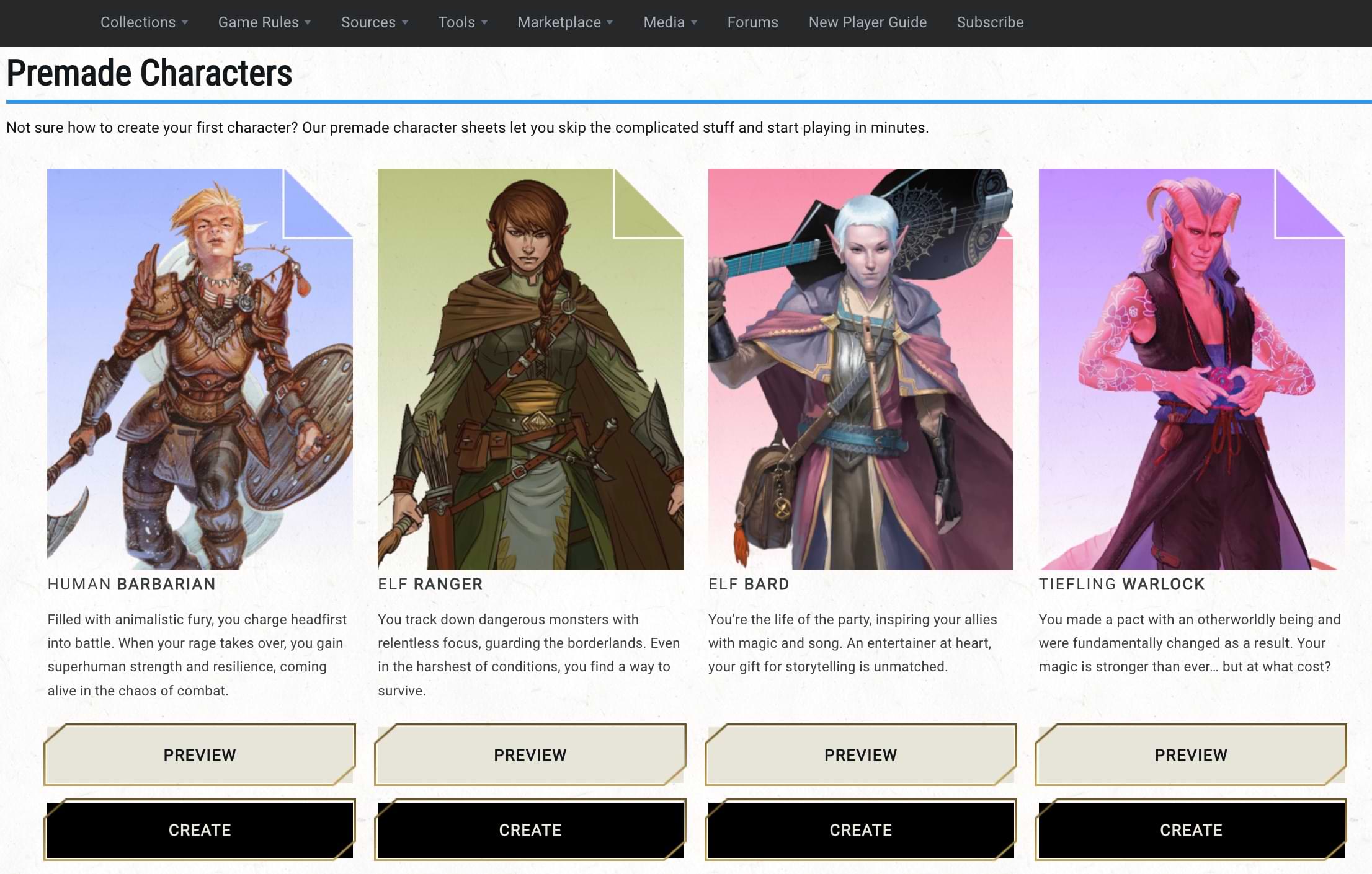 Premade character screen on D&D Beyond's character builder.