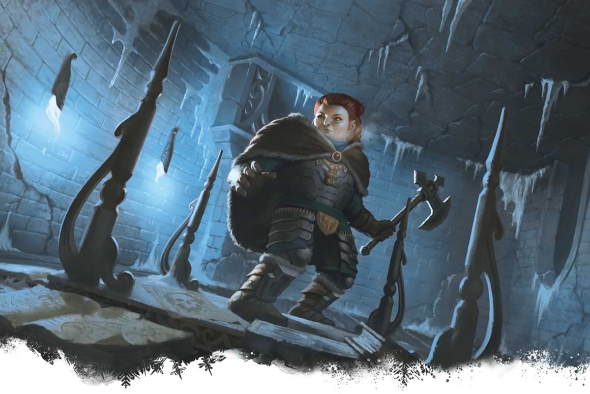 An dwarf adventurer holding a battle axe while surrounded by a frosty room.