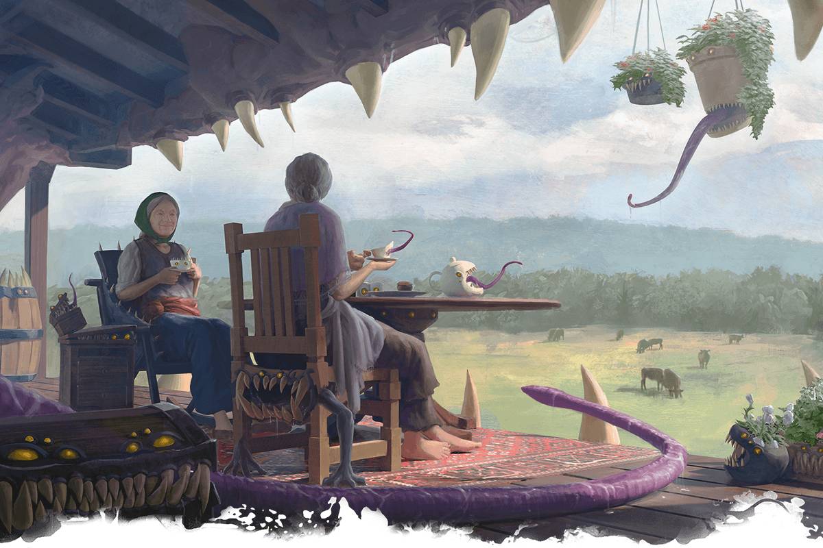 Two women drinking tea surrounded by mimics