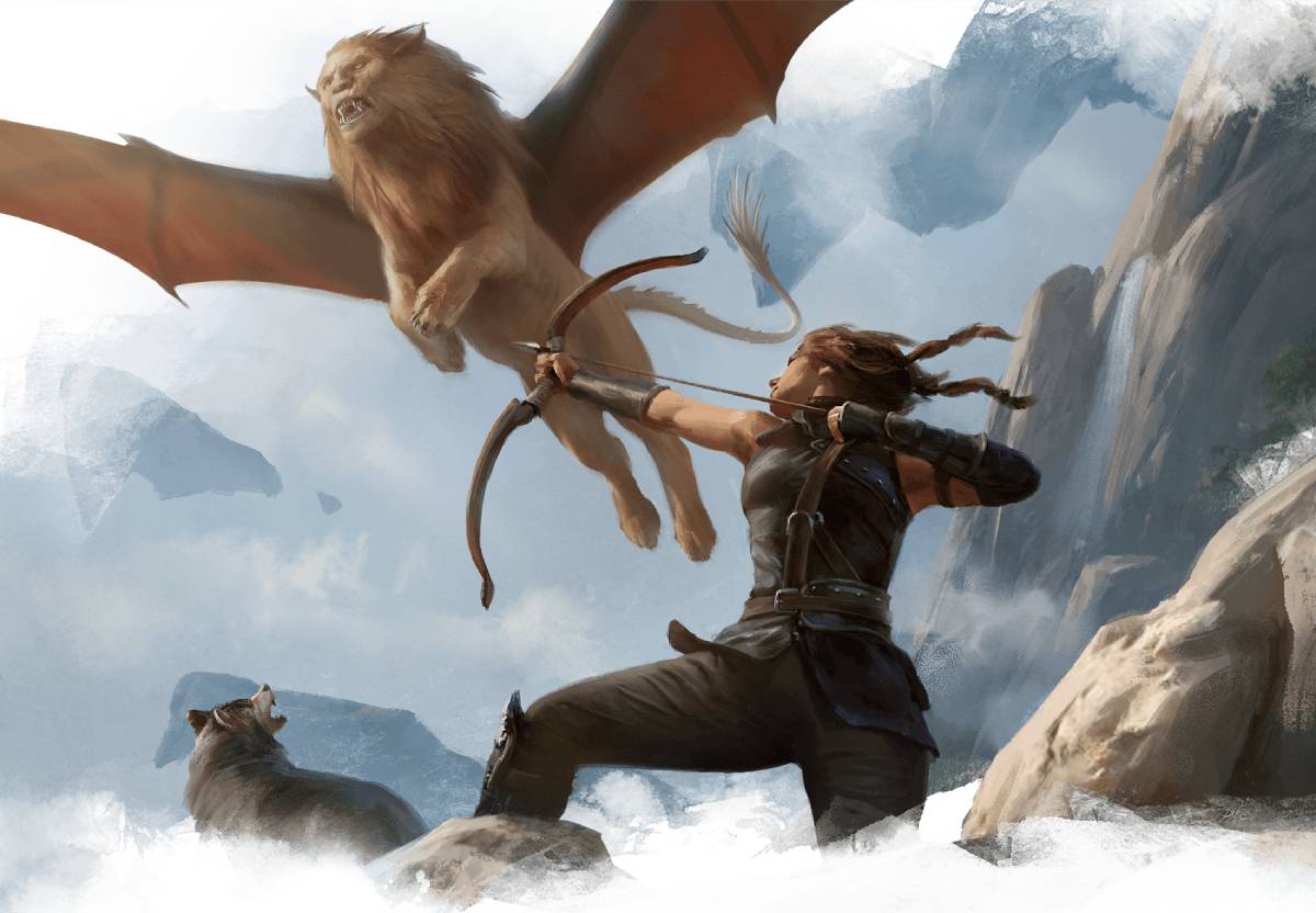 A ranger aims a shot at a manticore using its wings to stay out of range.