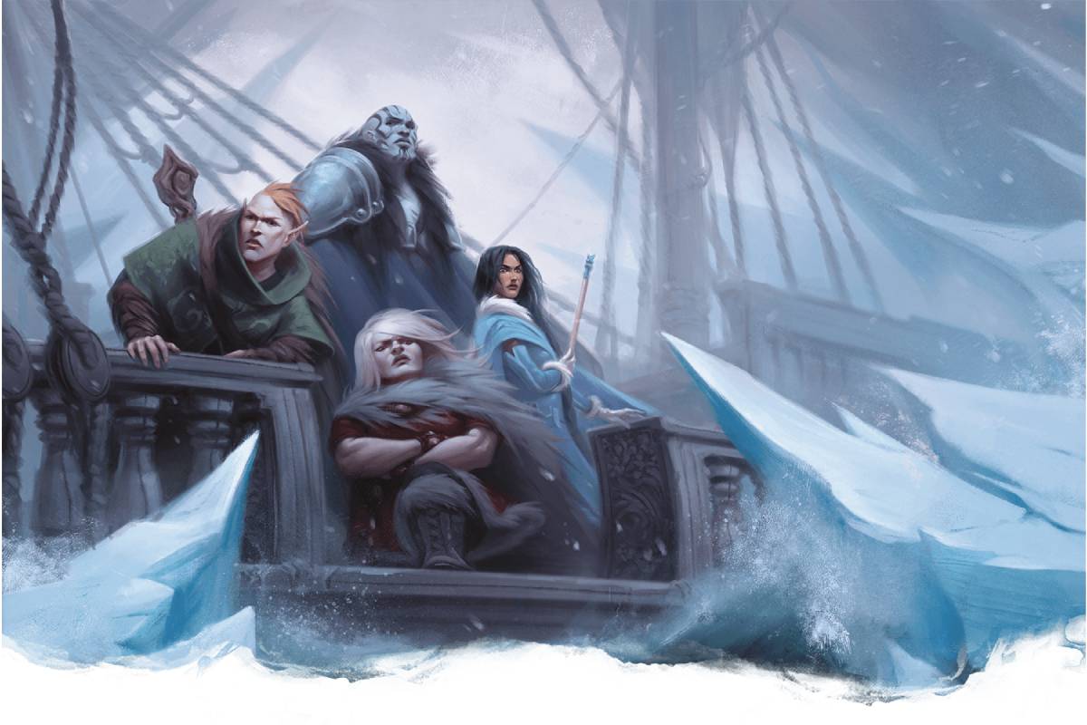 An adventuring party arriving to an icy destination aboard a sailboat.