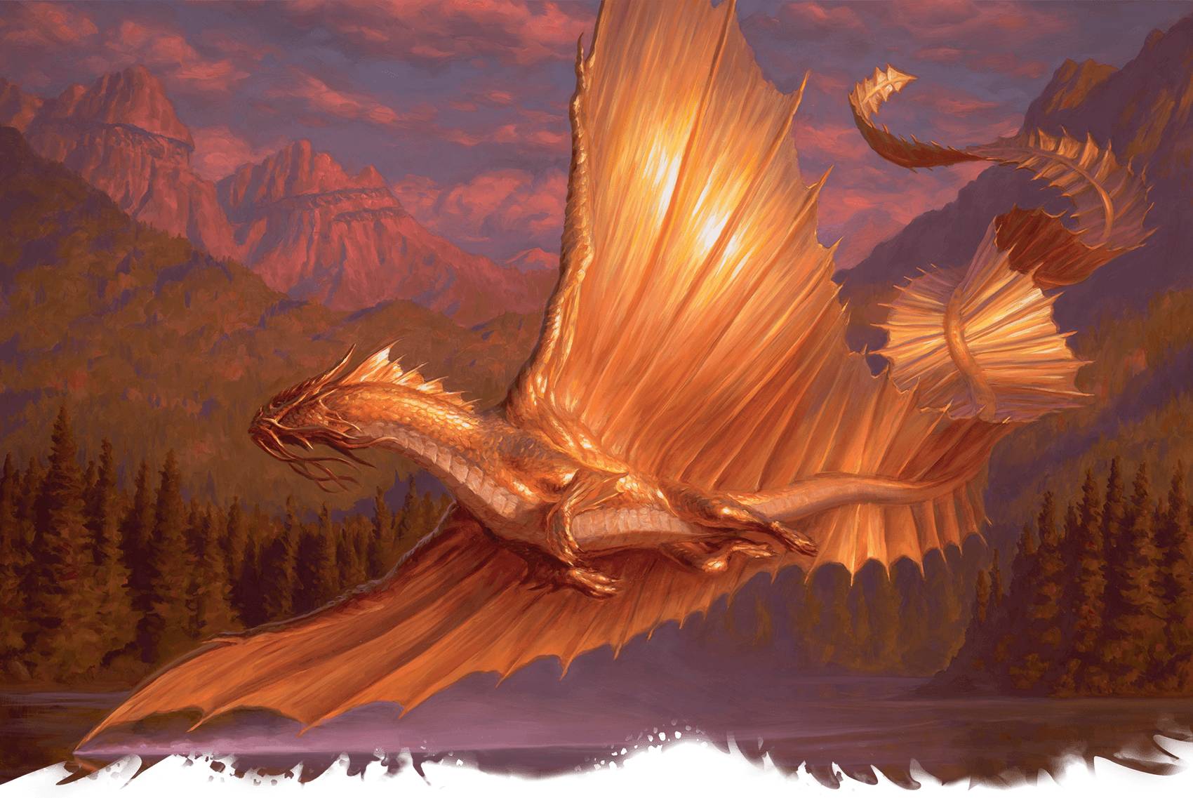 A gold dragon flying over a lake