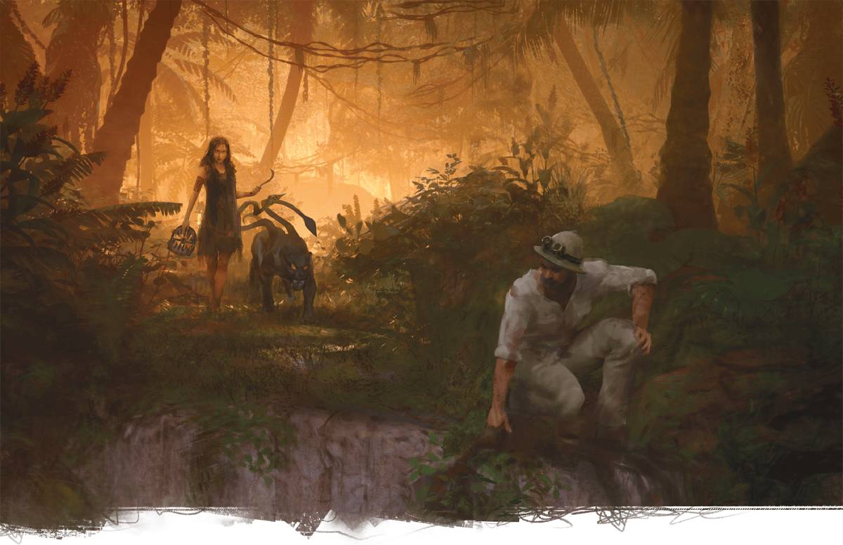 Valachan sneaks up upon an unsuspecting adventurer with her displacer beast companion