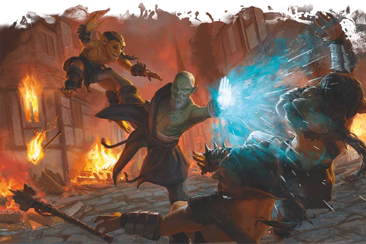 An orc monk fights two goblins in burning town.