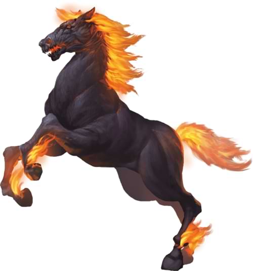 A nightmare with a flaming mane rears