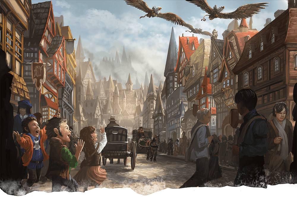 Citizens look up from cobbled streets as the City Watch fly by on their gryphon mounts.
