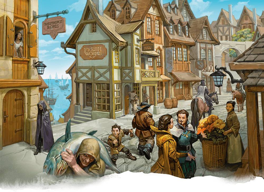 Vendors hawk their wares on the crowded streets of Waterdeep.