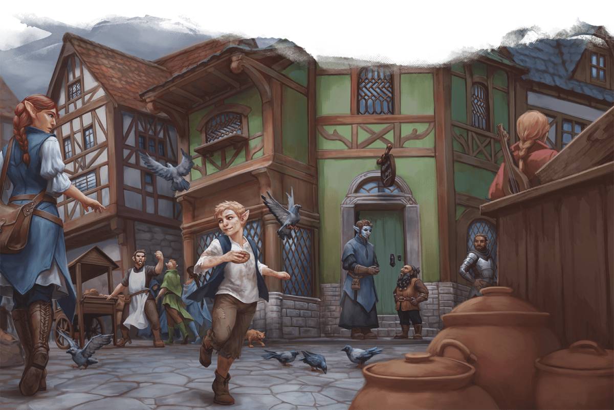 An urchin child runs from an angry shopkeeper with a stolen pastry.