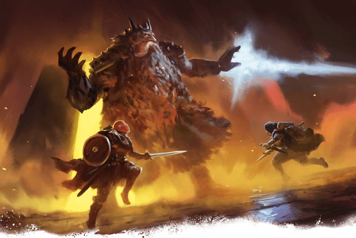 A fighter and a rogue going up against a giant.
