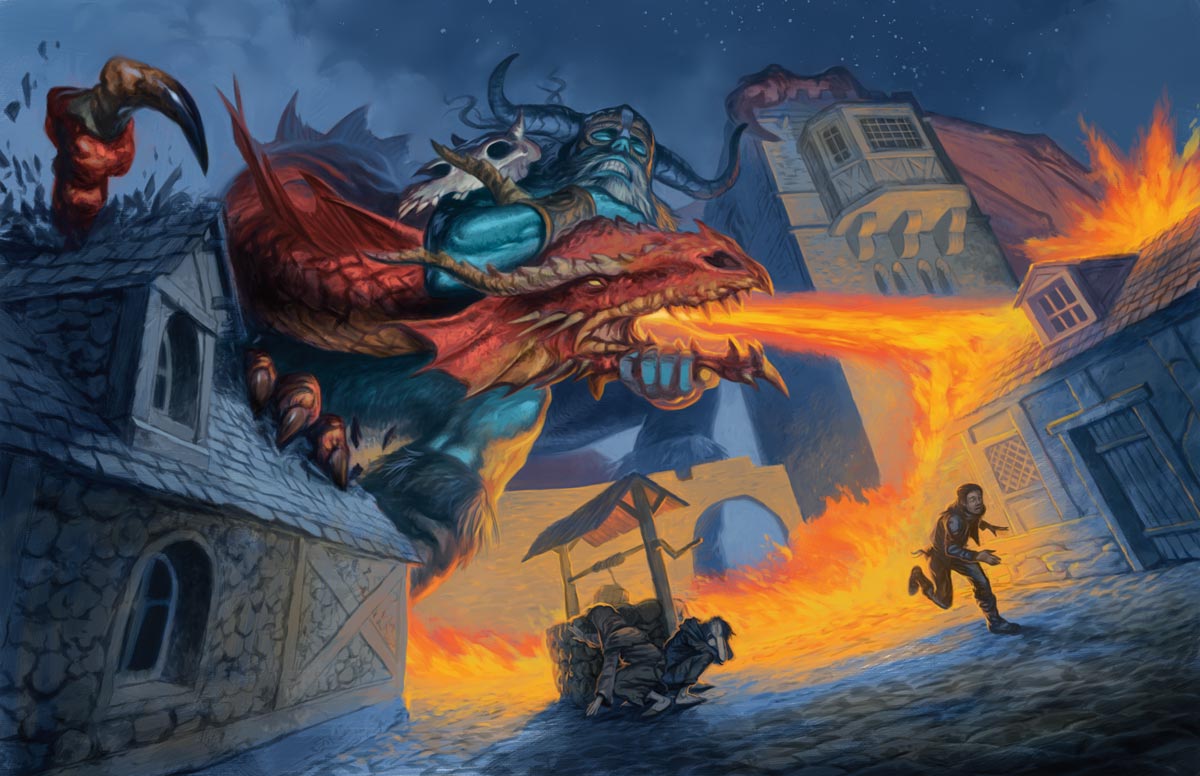An ice giant grappling a dragon in the middle of a human settlement