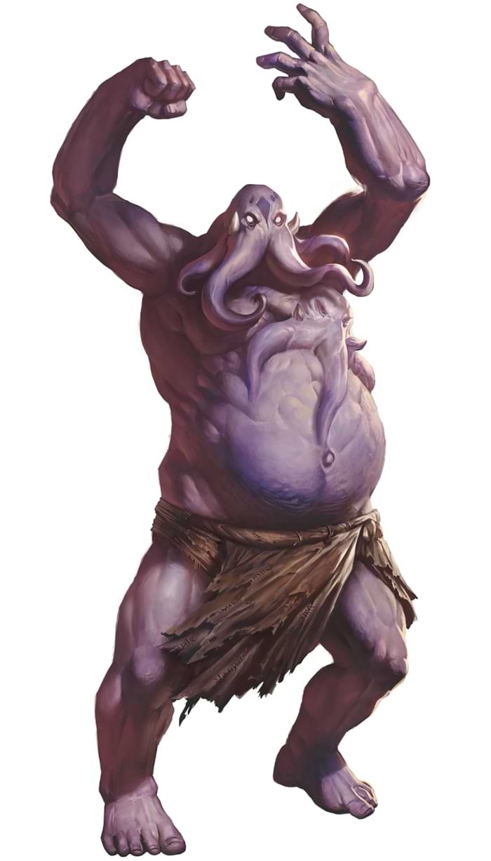 A purple giant with two illithid heads throws up its arms