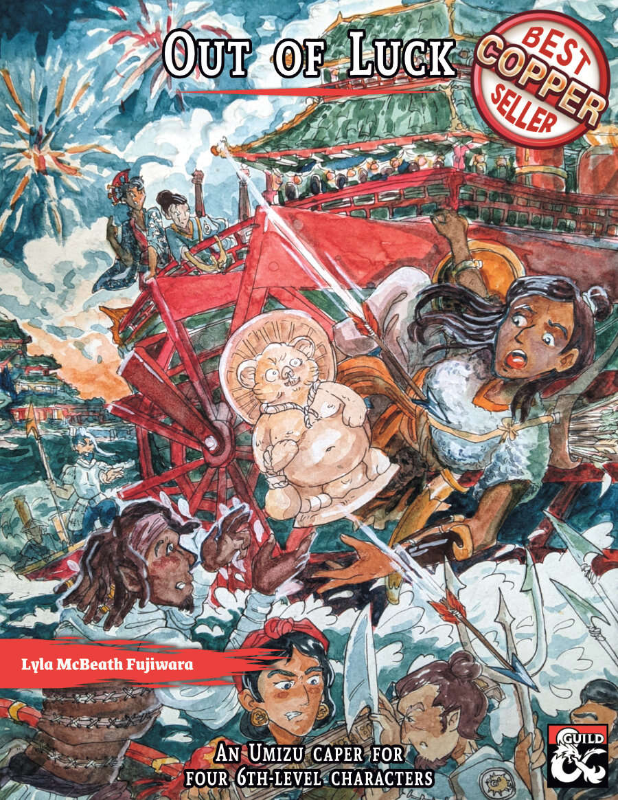 Out of Luck book cover showing a collage of hand-drawn characters adventuring in a feudal setting.