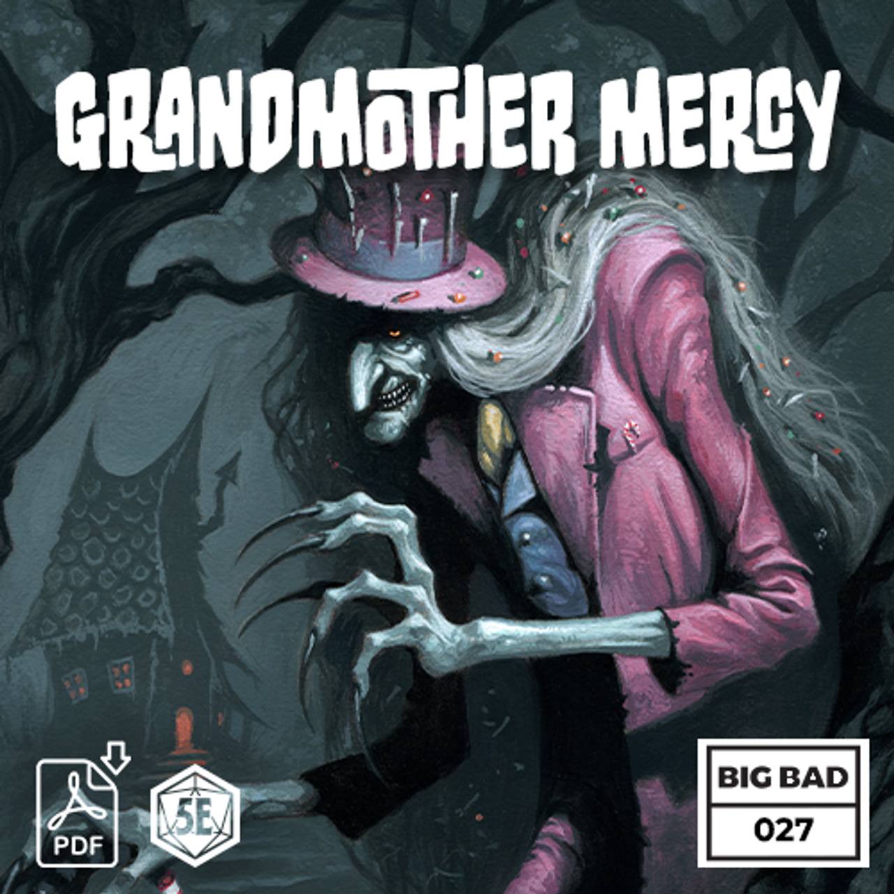 Grandmother Mercy book cover showing a formally dressed hag wearing a pink suit and top hat.