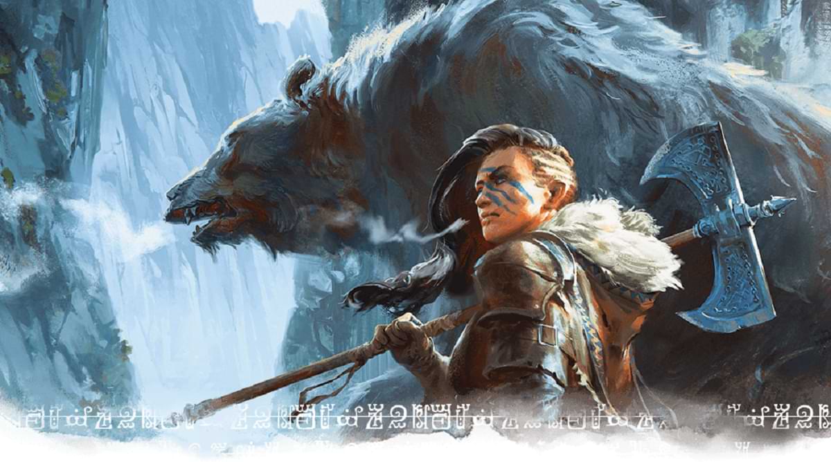 A warrior in furs wields a double axe and stands beside a large bear