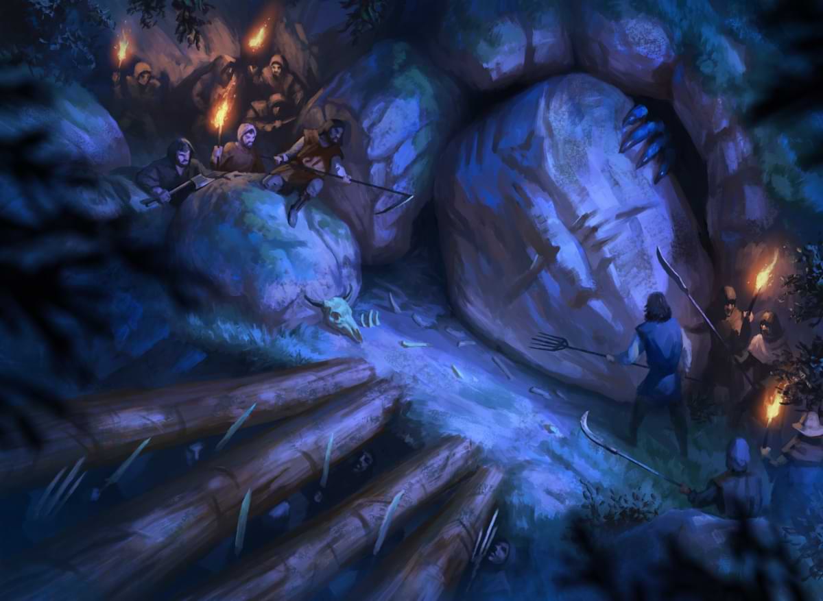 A group of peasants carrying torches and farming equipment approach a cave blocked off by a boulder. A monstrous hand reaches out from behind the boulder.
