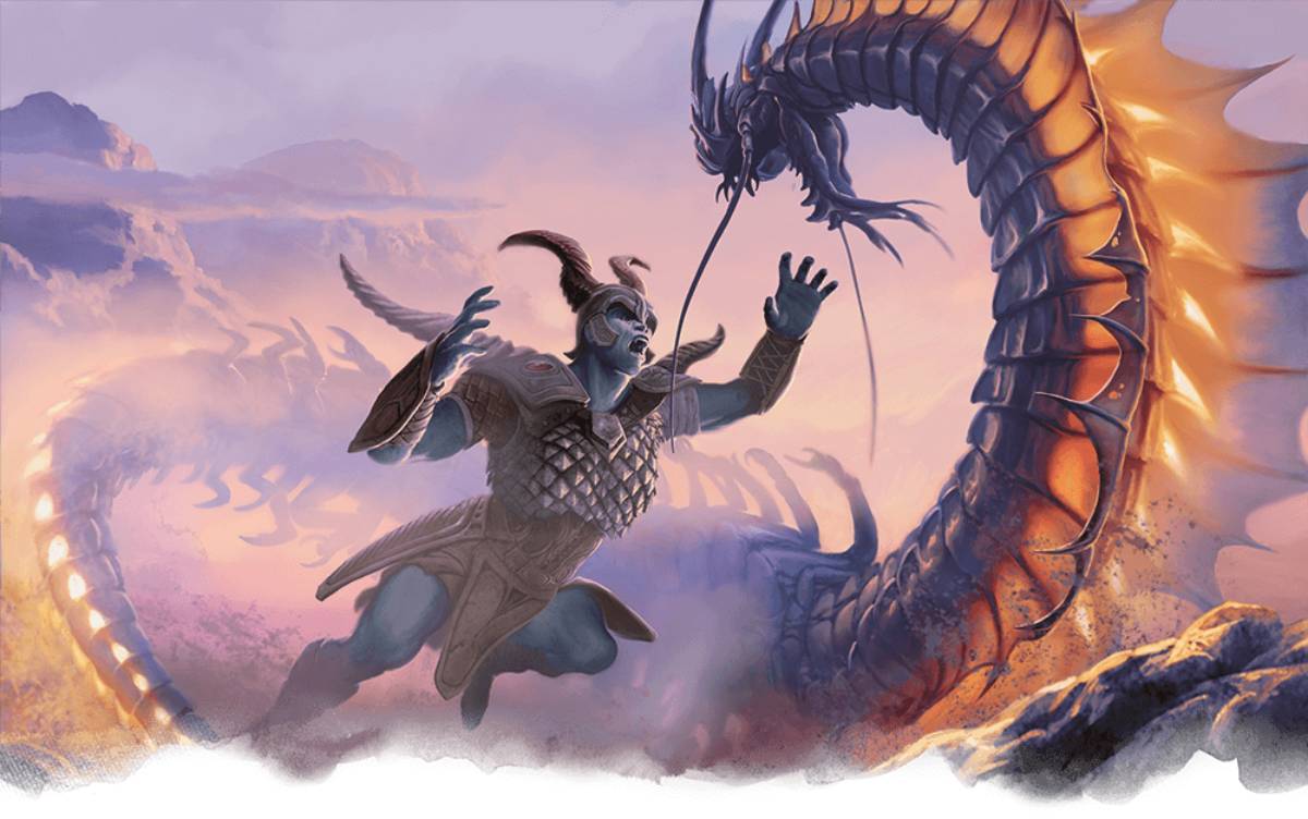 A path of the giant barbarian jumps to grapple a dragon.