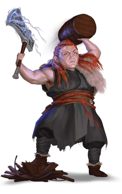 A giant dwarf with long hair holds a barrel in one hand and a crackling axe in the other.