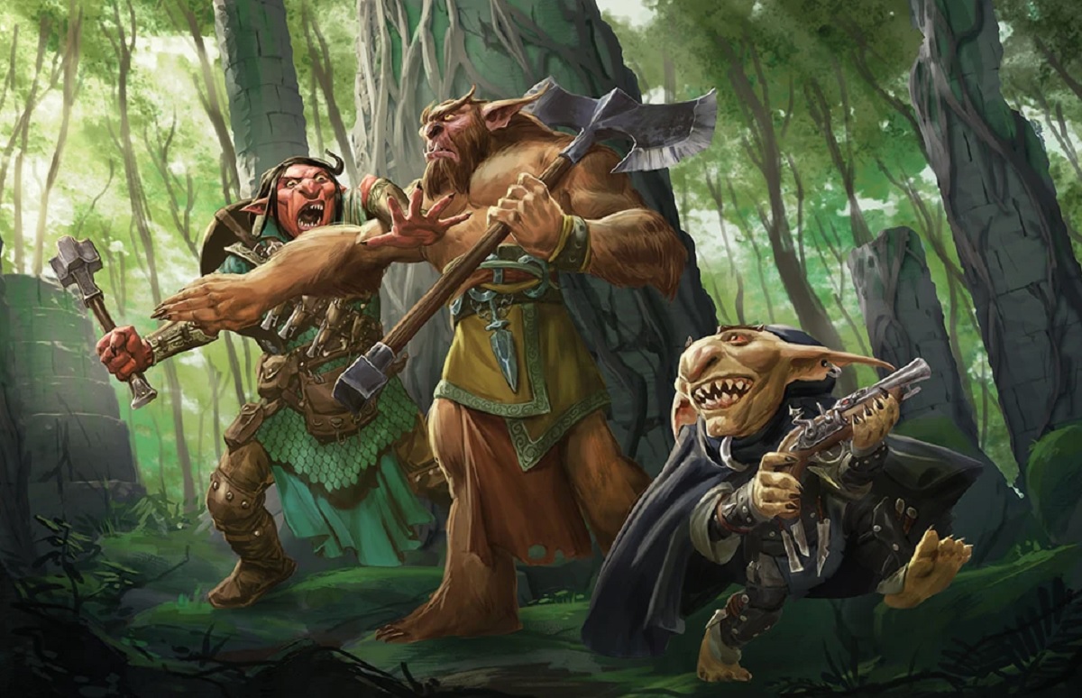 A bugbear holds back hobgoblin as a goblin walks away with a firearm