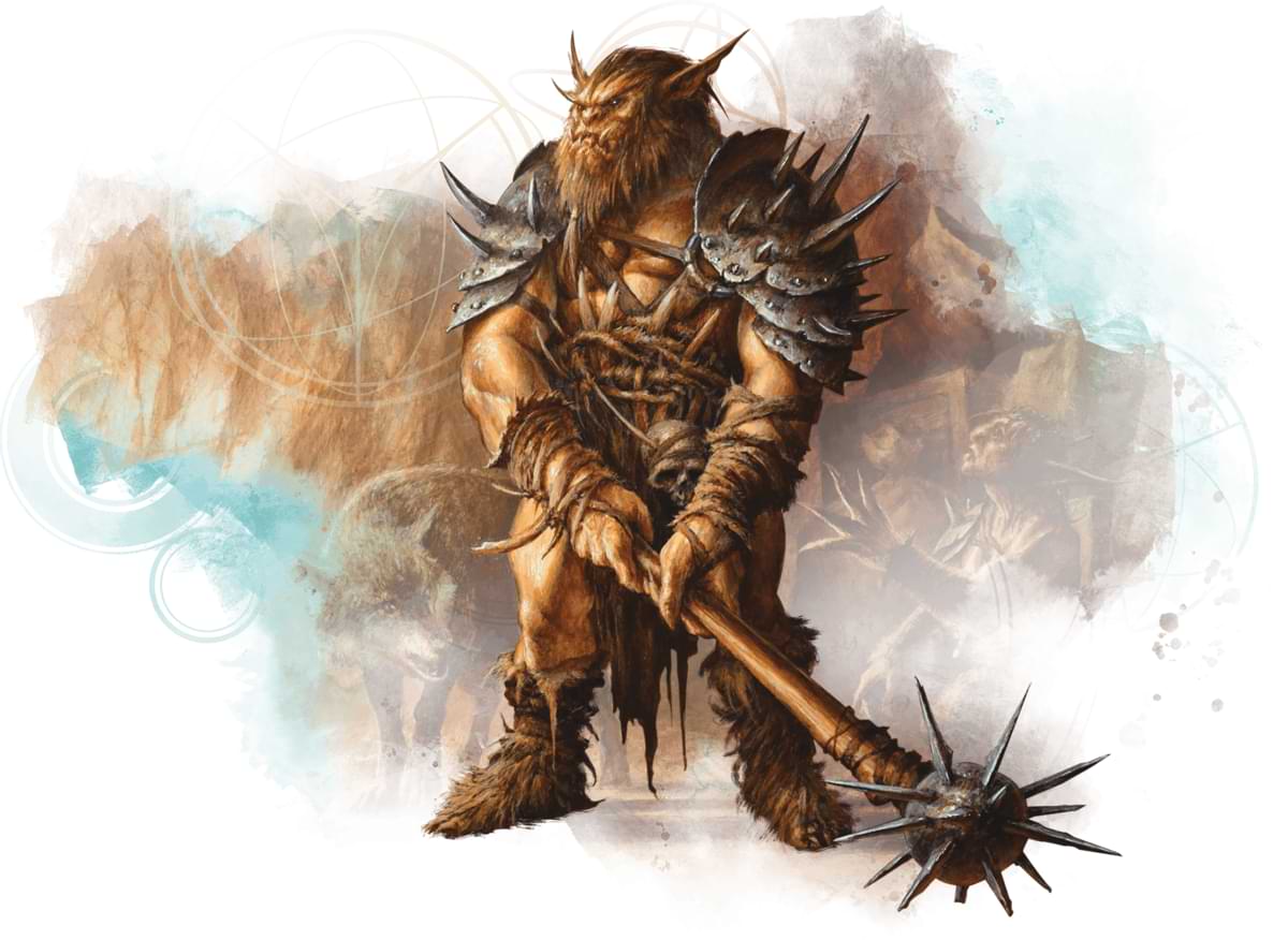 A bugbear with spiked armor and hide wields a mace