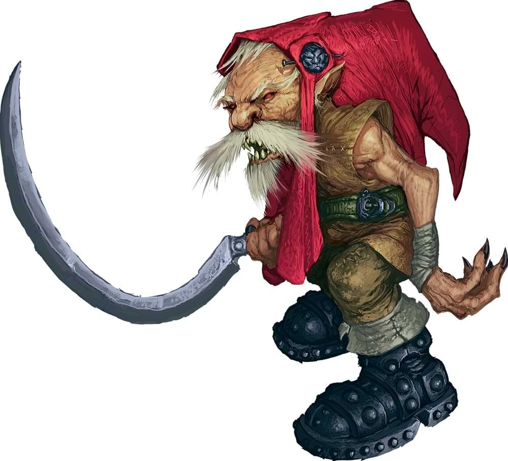 A gnome-like creature with red eyes, sharpened teeth, and a red cap