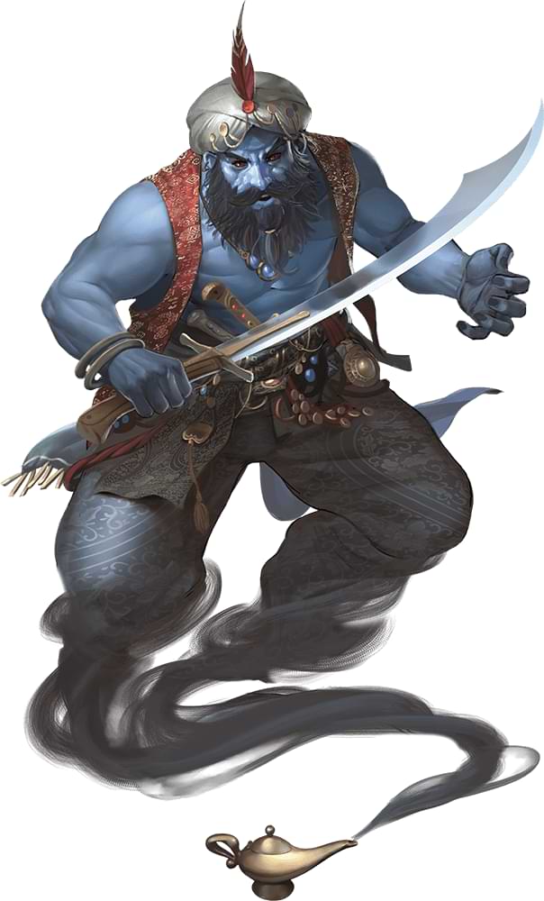 A blue-skinned genie wielding a scimitar