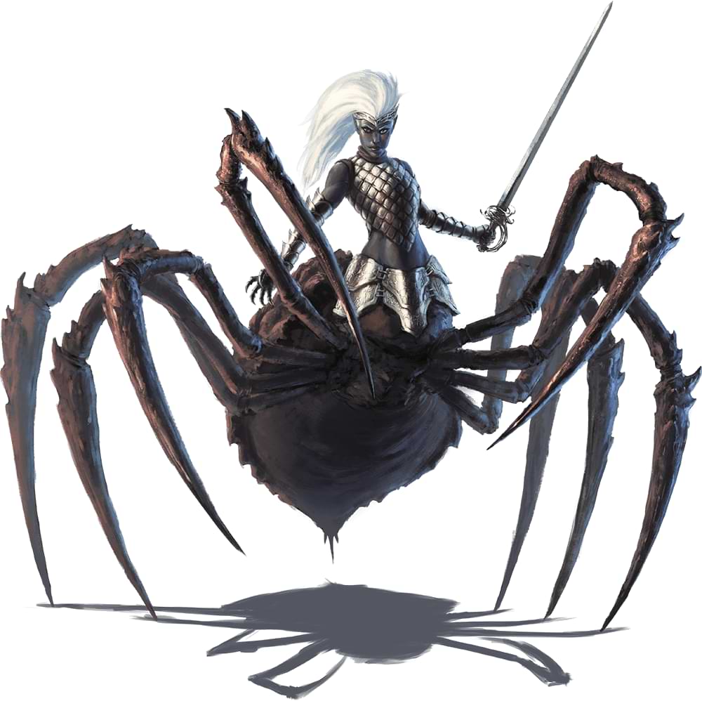 A drow with their upper body leading into a spider's body, complete with eight legs.