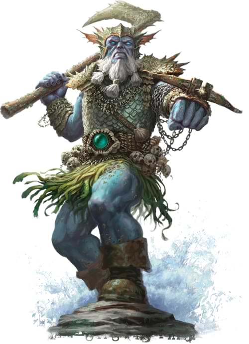 A frost giant in scaled armor and wearing a finny helmet wields an axe