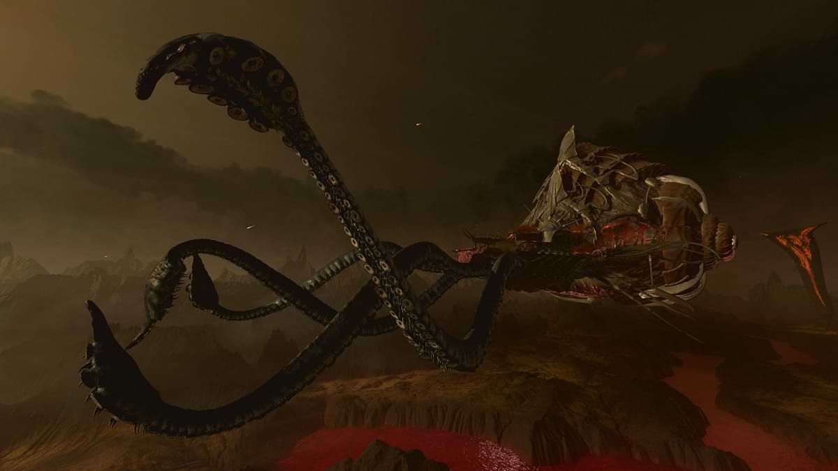 A nautiloid ship with its writhing tentacles flies over Avernus