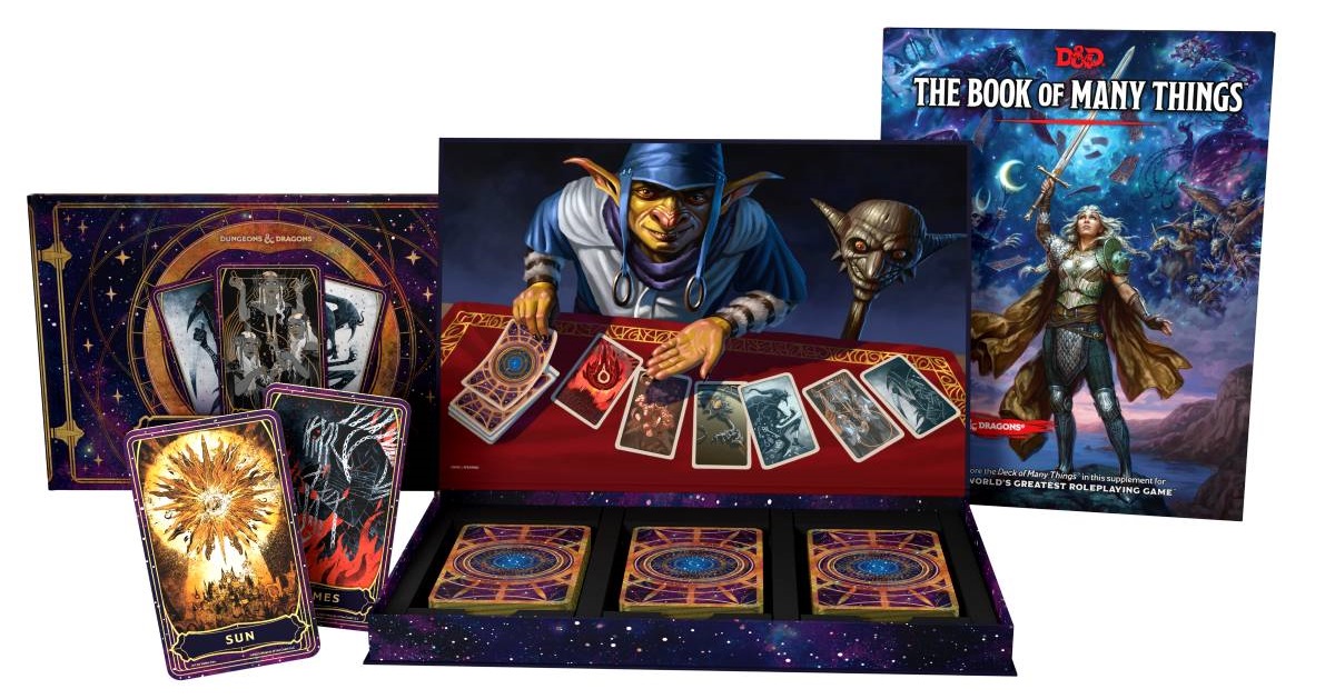 A product spread of the guidebook, new cards, carrying case, and sourcebook included in the Deck of Many Things physical set.