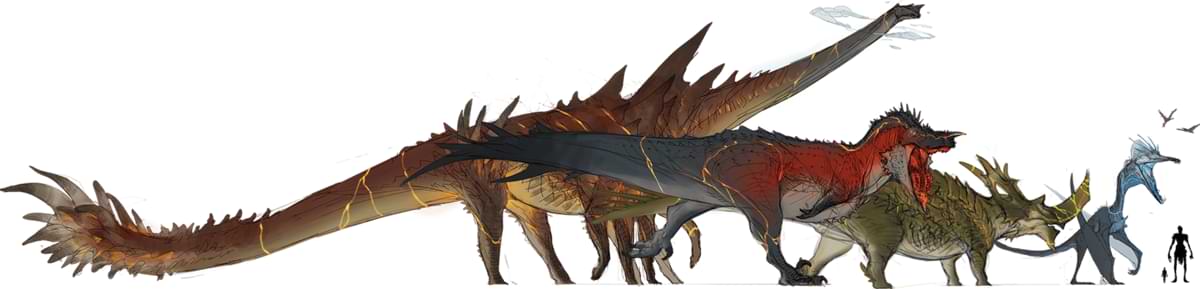 Concept art of four behemoth dinosaurs