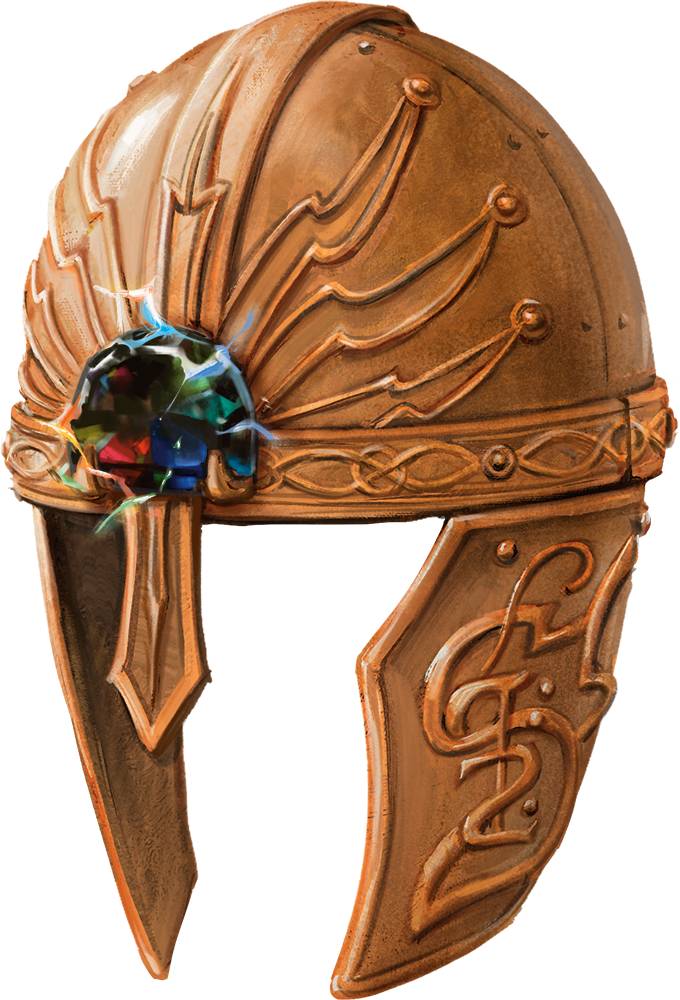 A golden helmet with a crackling multi-colored jewel on the brow