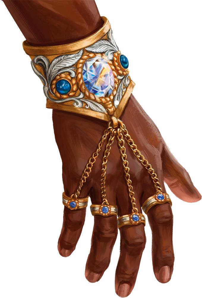A golden bracelet with delicate chains leading to four rings