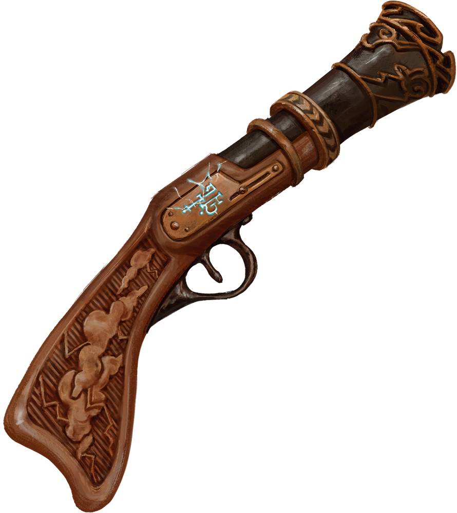 A flintlock pistol with a glowing blue rune inscribed on the barrel