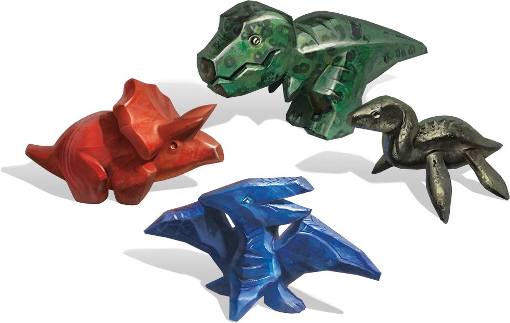 Four figurines of dinosaurs carved out of various gemstones