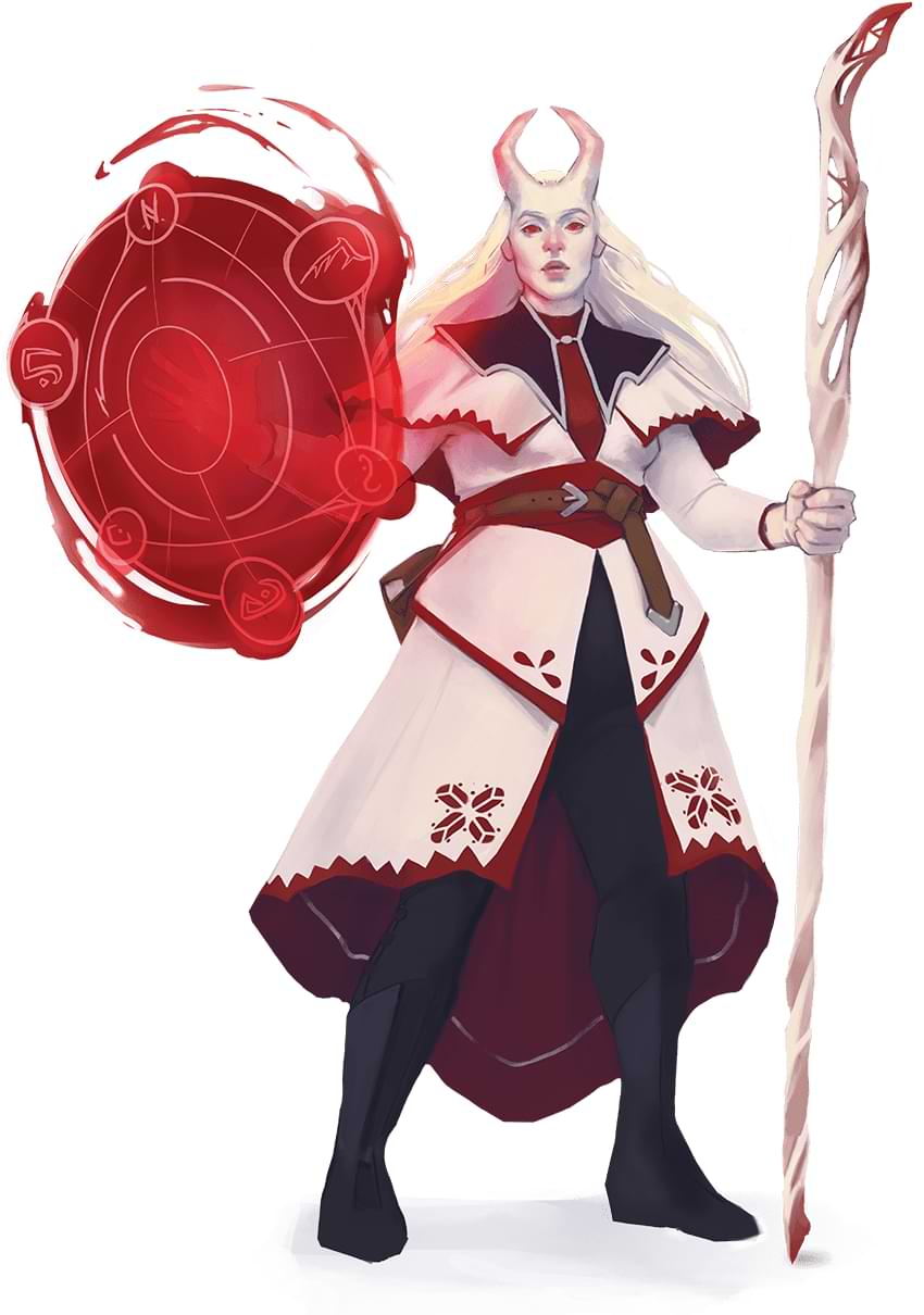 A tiefling Blood Magic wizard conjures a shield of blood