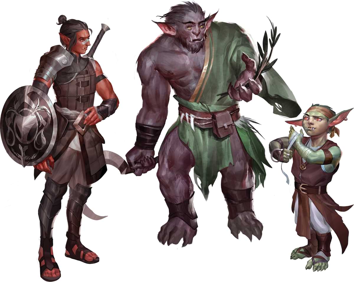 An armored hobgoblin and sickle-wielding bugbear watch a goblin apply fabric wraps to their hands