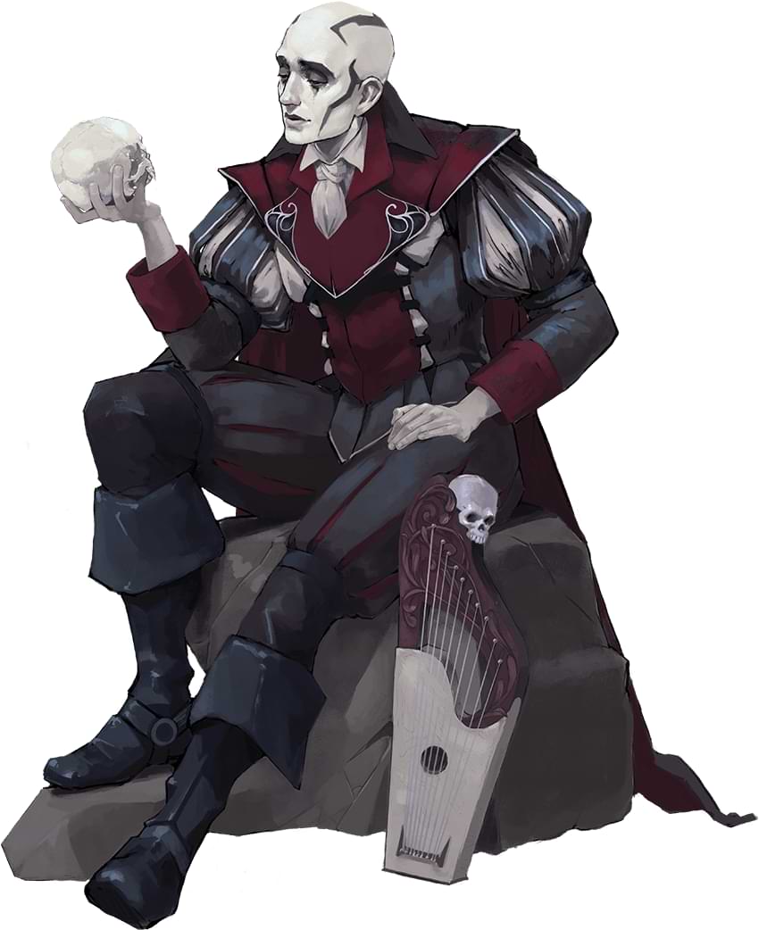 A half-giant College of Tragedy bard stares forlornly at a skull