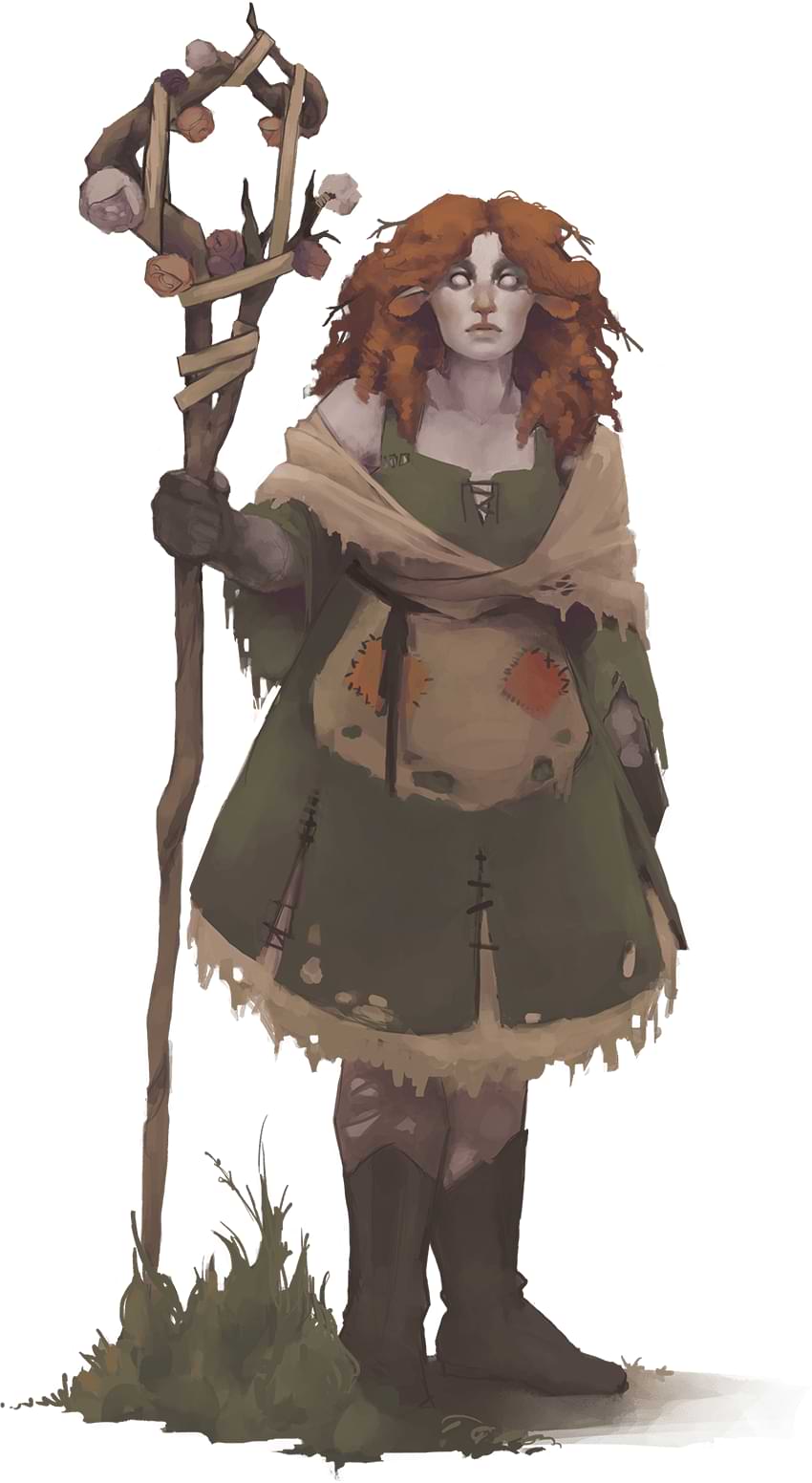 A firbolg Circle of the Blighted druid stands staring with a staff in hand